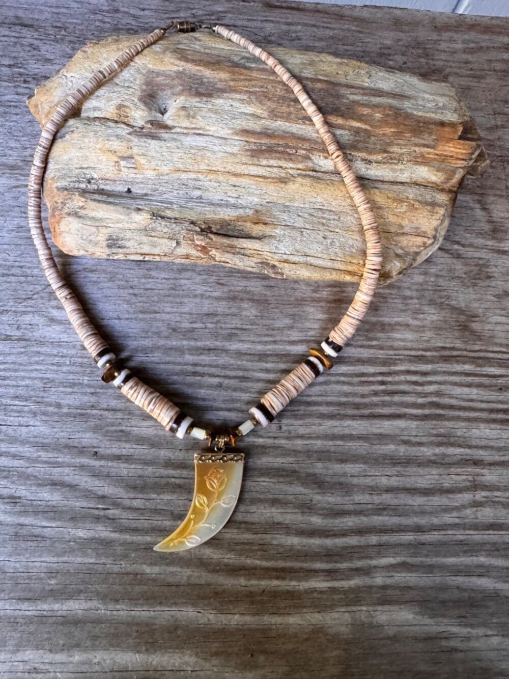 Vintage Shell Heishi Necklace 20” Carved Rose Tusk Pendant Tiger Eye Boho